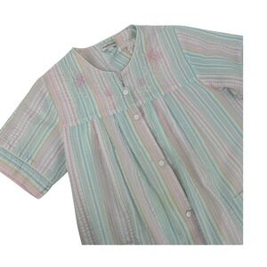 Miss Elaine Women's Pastel Striped Embroidered Button Front Short Sleeve Robe M
